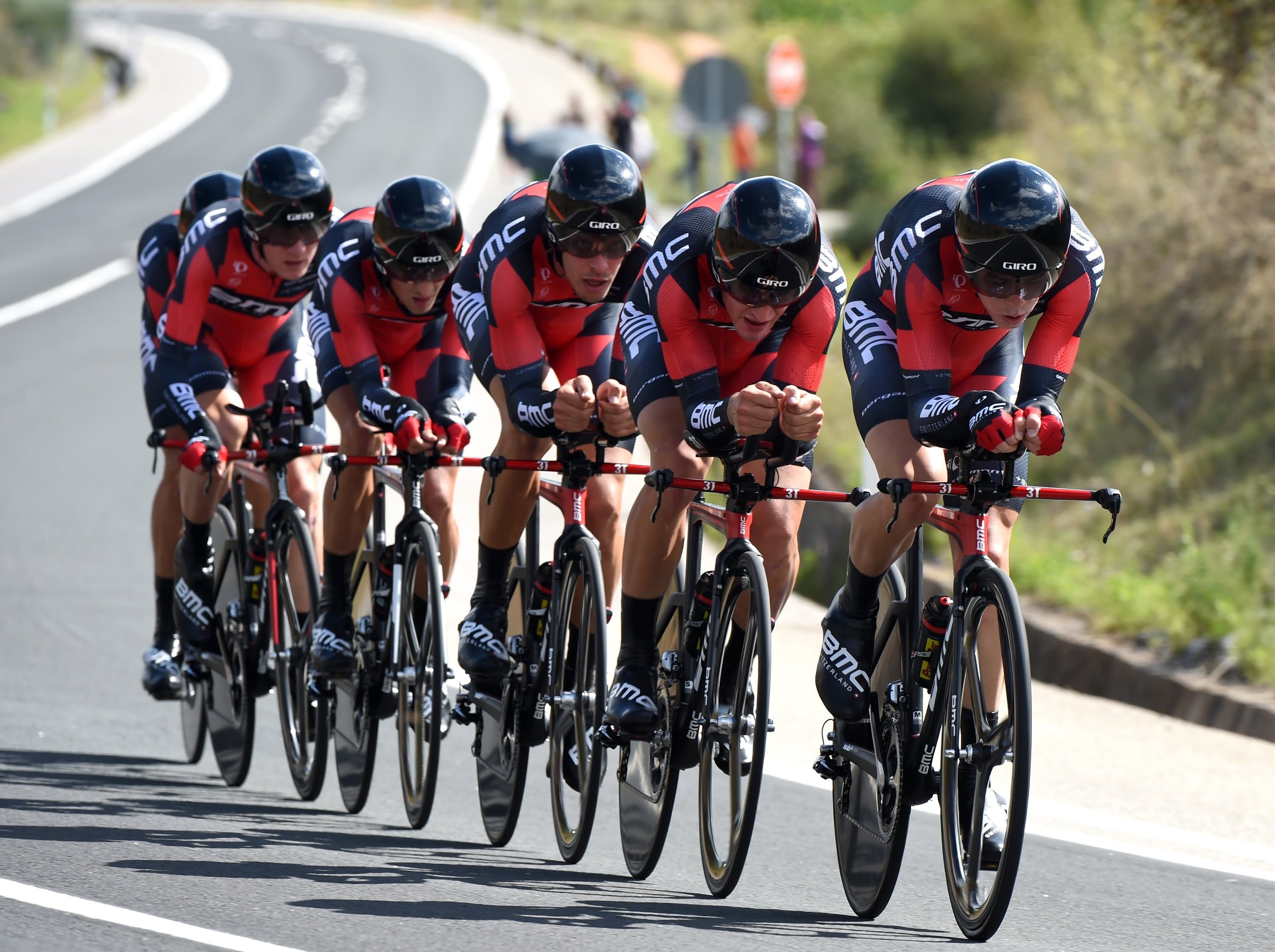 Cyclists riding together in a close road cycling paceline