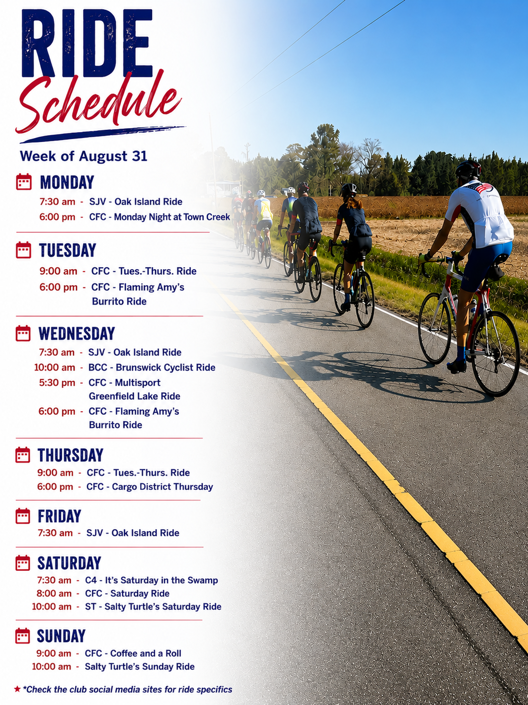 Weekly ride schedule for Coastal Carolina Cycling Club